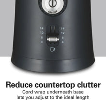 Black electric coffee grinder base with cord wrap area
