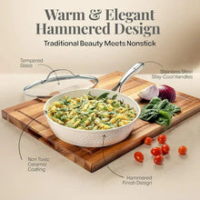 Cream hammered nonstick frying pan with glass lid and stainless handles