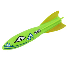 Neon green kids diving torpedo pool toy with smiling fish face and teeth graphic