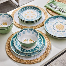 Green and blue floral bamboo melamine dinnerware set with mixed plates and bowls