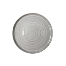 Grey round dinner plate with concentric swirl pattern and glossy glaze