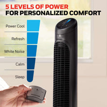 Black tower fan with vertical grille and included wireless remote