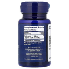 Black cumin seed oil softgel bottle back label with Supplement Facts panel