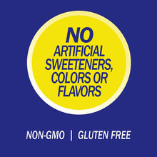 No artificial sweeteners badge, non-GMO and gluten-free statement on blue background.