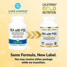 Two PEA with PQQ supplement bottles with a transition arrow graphic