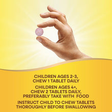 Hand holding orange and berry flavored chewable tablets, kids dosage instructions.