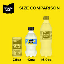 Lemonade bottle size comparison: 7.5 oz, 12 oz, and 16.9 oz bottles with labels.