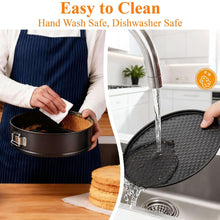 Black round springform cake pan with perforated base shown under running water rinse.