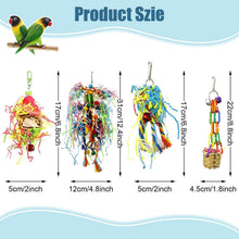 Bird shredding toy set showing four hanging toys with colorful strands and bead charms