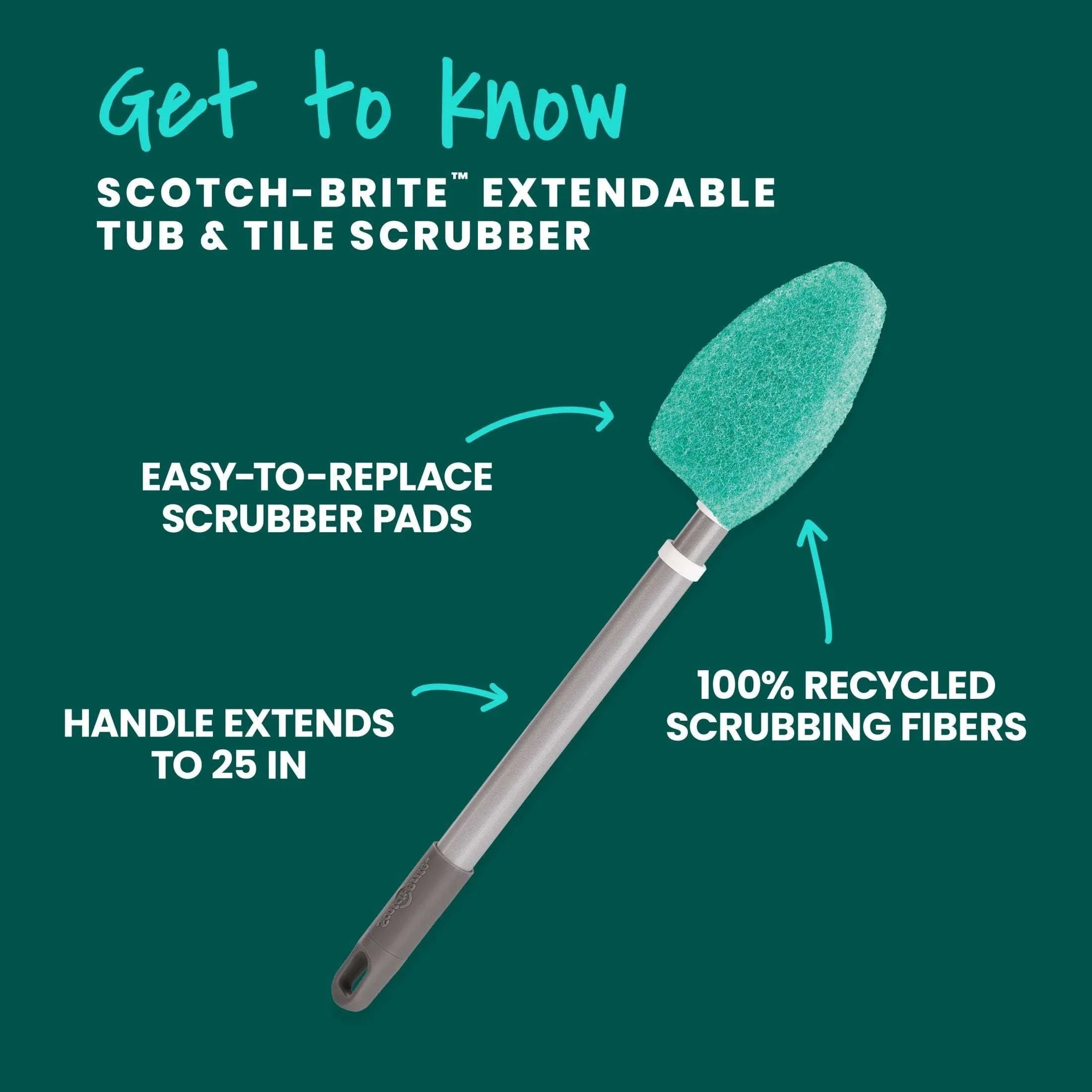 Scotch-Brite Extendable Tub & Tile Scrubber Kit, 1 Handle and 3 Non-Scratch Scrubber Pads