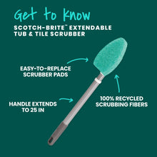 Extendable tub and tile scrubber with green pad and label for easy pad replacement