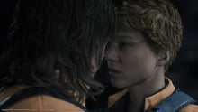 PS5 action game screenshot of two characters facing close, one wearing a headset