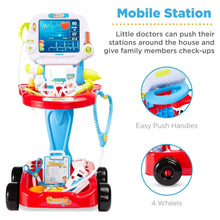 Play doctor mobile station with ECG-style screen, push handle and four wheels