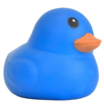 Blue jumbo squishy duck toy with black eye and orange beak, rounded shape.