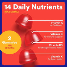 Multivitamin gummy supplement label panel showing vitamins A, C, D3, K