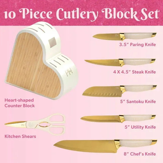 Paris Hilton Kitchen Knife Set with Heart-Shaped Block, 10-Piece Set, White Iridescent