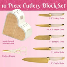 10-piece heart-shaped knife block set with assorted gold-tipped knives and handles