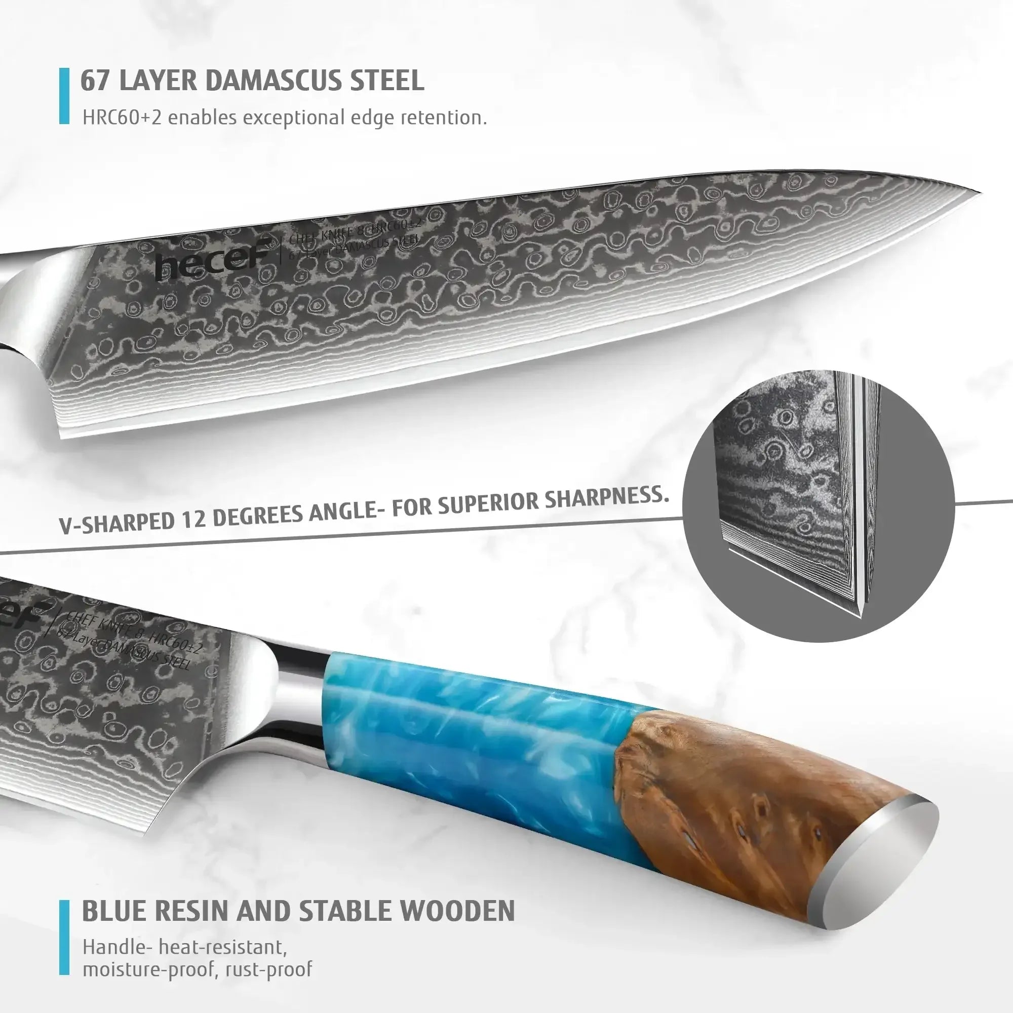 Hecef 8-Inch Chef Knife, Japanese Damascus Steel Blade with Resin Handle - USA MEGA SHOP