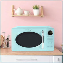 Aqua retro countertop microwave oven with black window and digital control display