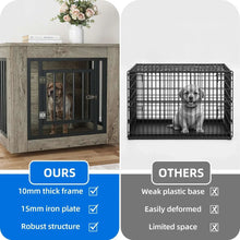 Dog crate furniture comparison graphic with gray wood crate and black wire crate