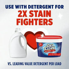 Laundry detergent and OxiClean Max Force powder tub graphic labeled “use with detergent”.