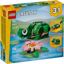 LEGO Creator turtle with water lily 3-in-1 box showing green turtle and pink flowers