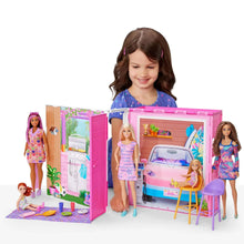 Foldable pink doll house playset with furnished rooms and doll accessories