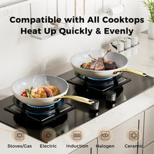 Ceramic nonstick frying pan set on cooktop, gold handles and grey interiors