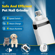 Electric pet nail grinder, white body with black accents and built-in LED light
