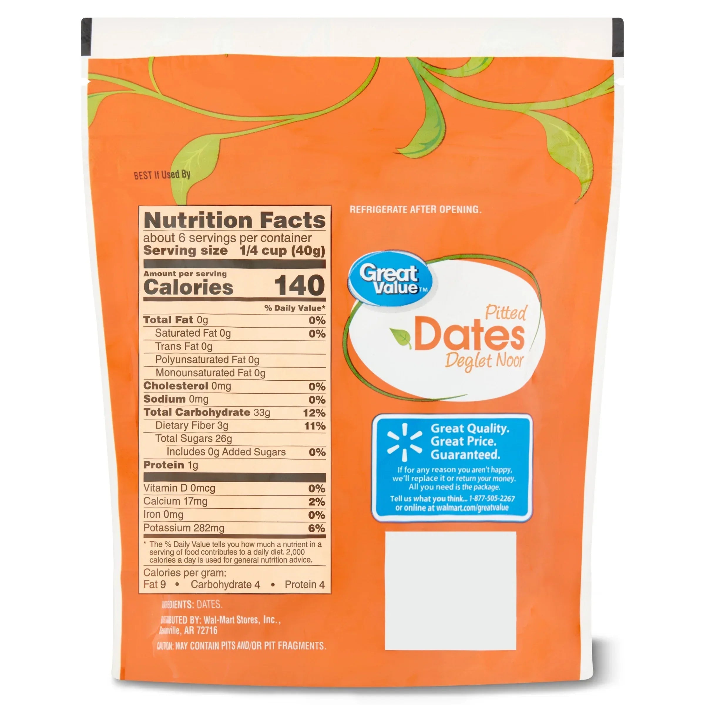 Great Value Pitted Deglet Noor Dates Dried Fruit, 8 oz