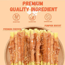 Chicken jerky wrapped pumpkin biscuit dog treats arranged upright on round wooden tray.