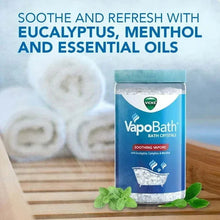 Vicks VapoBath bath crystals jar with eucalyptus and menthol essential oils text