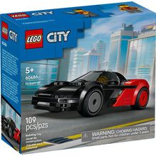 Box close-up of red and black EV Supercar building toy, 109 pieces