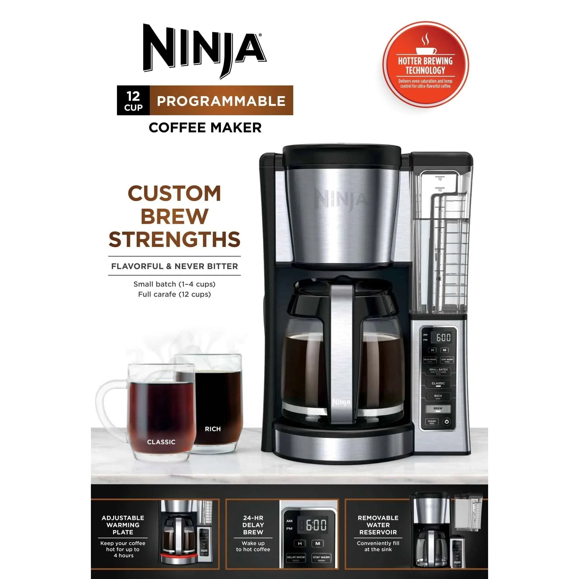 Ninja 12-Cup Programmable Coffee Brewer, 2 Brew Styles, Adjustable Warm Plate, 60oz Water Reservoir, Black/Stainless Steel, CE250 - USA MEGA SHOP