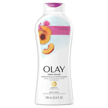 Olay Fresh Outlast body wash bottle with orchid and black currant graphics