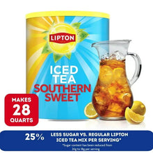 Lipton Iced Tea Southern Sweet reduced sugar mix can with pitcher of iced tea and lemon