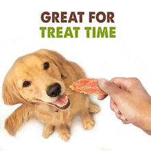 Dog treat “Great for treat time” label with dog and offered jerky piece