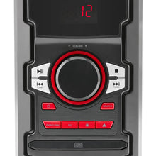 Speaker system control panel with volume knob and red-backlit buttons