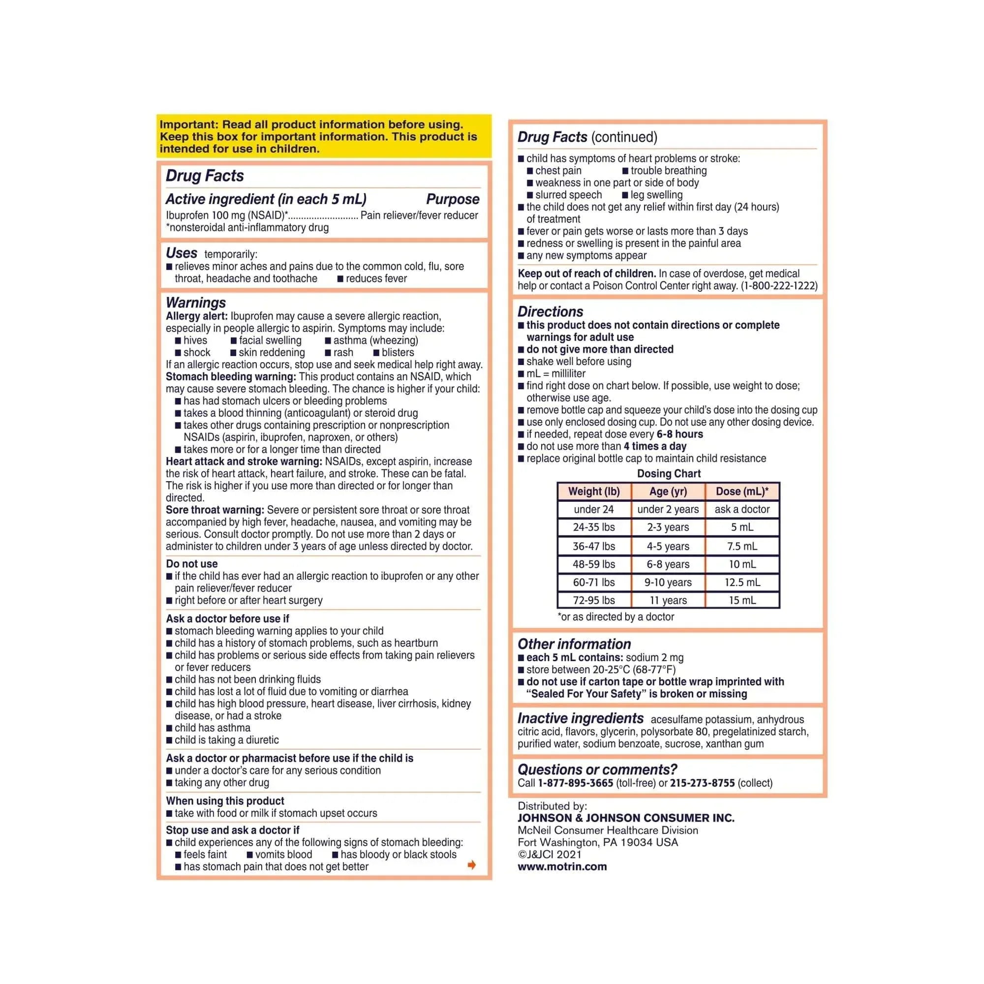 Children’s Motrin Ibuprofen Kids Medicine, Berry Flavored, 4 fl oz