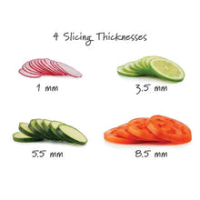 Adjustable chef’s mandoline slicer thickness settings shown with vegetable slices