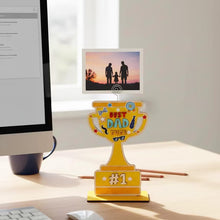 Wooden trophy craft with 'Best Dad Ever' text and '#1' base, photo-style panel