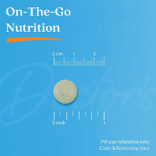 Iron supplement tablet with size ruler reference on package graphic