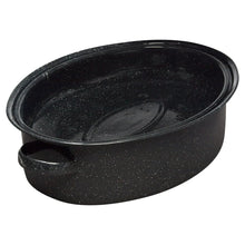 Covered oval roasting pan, black speckled interior with side loop handles