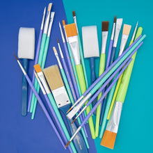Assorted paint brushes with colorful handles and square-tipped foam heads