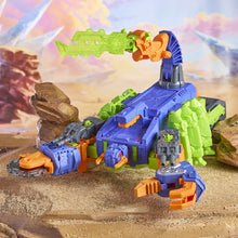 Transforming robot action figure in blue and green with orange accents and long green blade