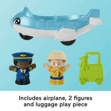 Blue airplane toy with two character figures and green luggage cart, playset pieces