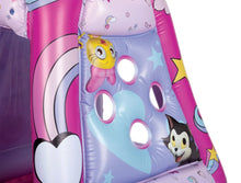 Inflatable playland side panel with blue window cutouts and character artwork