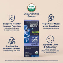 USDA Organic kids cough syrup box back panel with health benefit icons and bottle