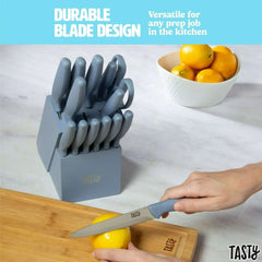 Tasty 15-Piece Stainless Steel Kitchen Knife Set With Block, Soft-Grip Handles Slate Blue