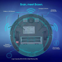 Black robot vacuum cleaner with visible underside panel and circular sensor layout graphics